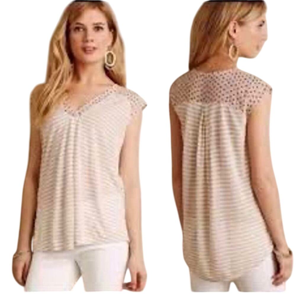 Vintage Anthropologie Little Yellow Button Popover Top Stripe V Neck Tunic